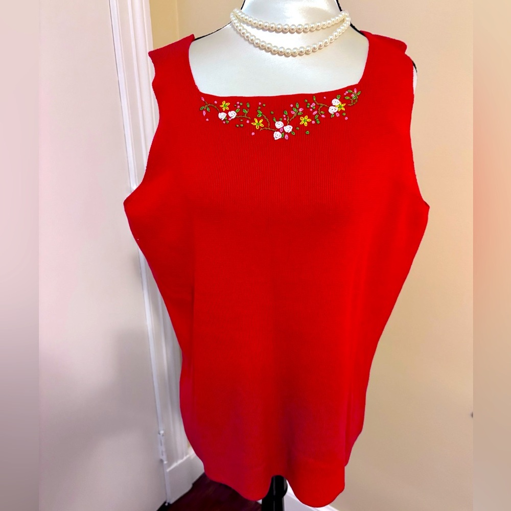 DESIGNER ORIGINALS Red Sleeveless Top with Floral Embroidery